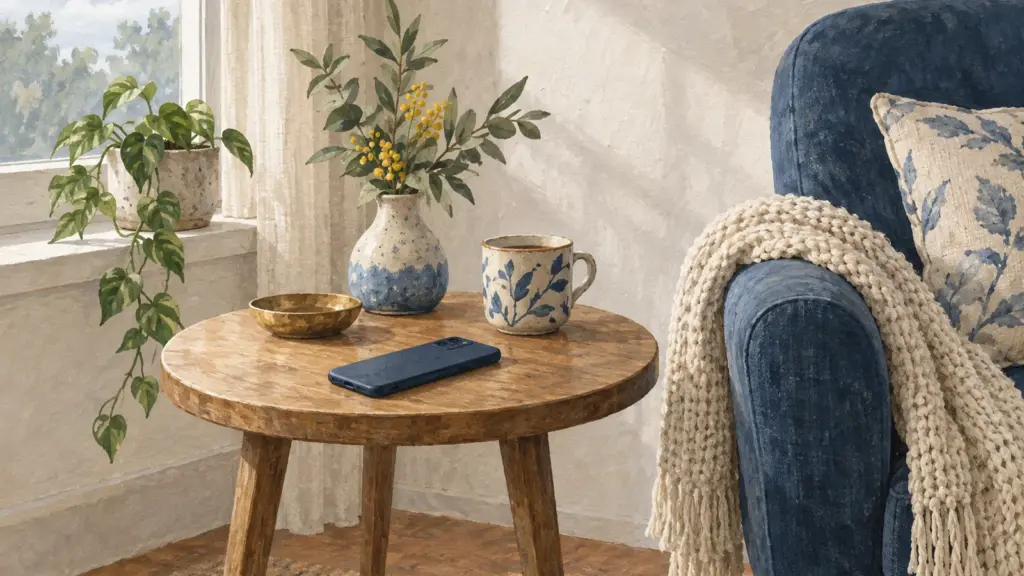 Un telefono appoggiato a faccia in giù su un tavolino rotondo di legno, accanto a una poltrona blu con una coperta di lana.