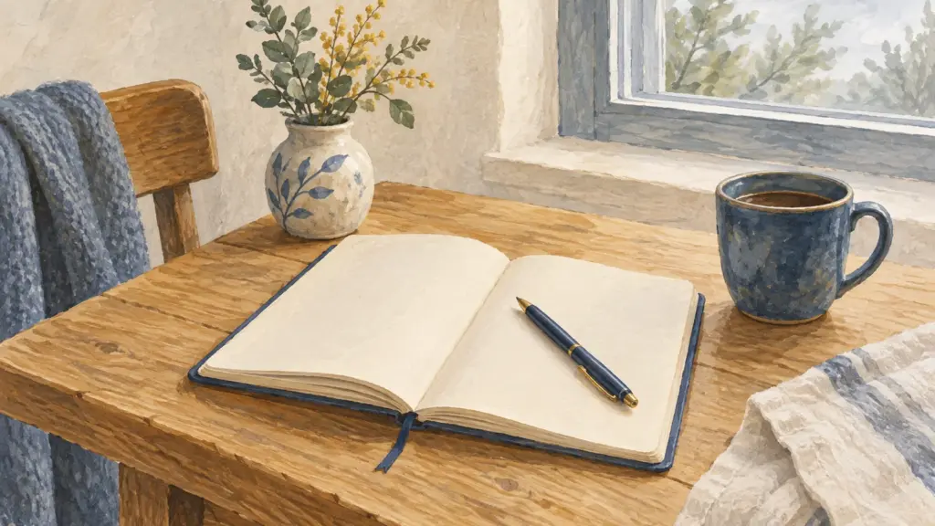 Un’agenda aperta con le pagine bianche, una penna e una tazza su un tavolo di legno chiaro.