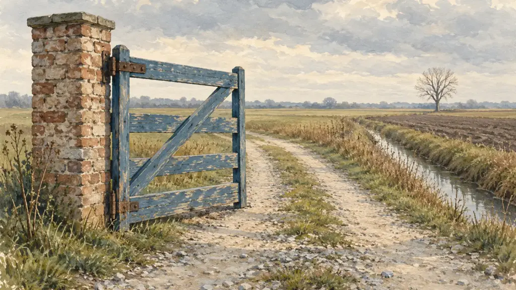 Un cancello di legno blu socchiuso su una strada bianca di campagna, appeso a un pilastro di mattoni, con un fosso e un albero spoglio in lontananza nella pianura.