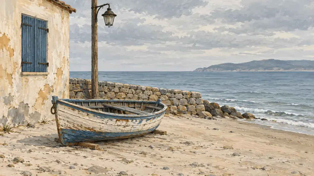 Una piccola barca di legno tirata in secca su una spiaggia, con un muretto di pietra e un lampione, sotto un cielo coperto.