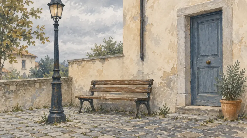 Una panchina di legno e un lampione in un angolo di piazza di paese, davanti a un muro con una porta azzurra.