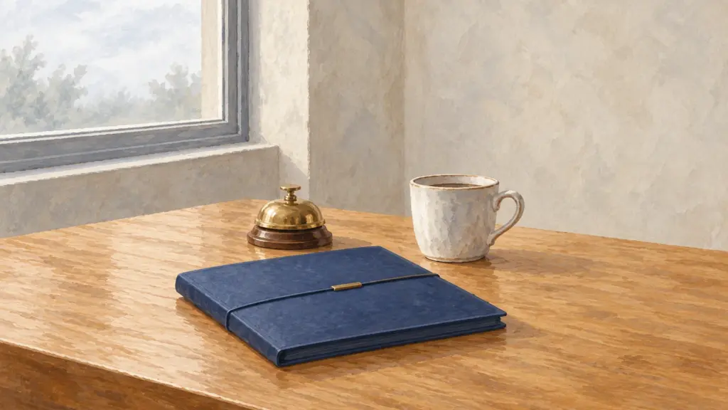 Una scrivania di legno chiaro con una cartellina blu chiusa, una tazza bianca e un piccolo campanello di ottone, nella luce della finestra.