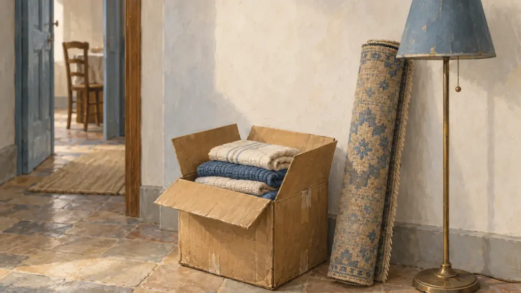 Uno scatolone aperto con delle coperte piegate in un corridoio di casa, accanto a un tappeto arrotolato e a una lampada con il paralume blu.