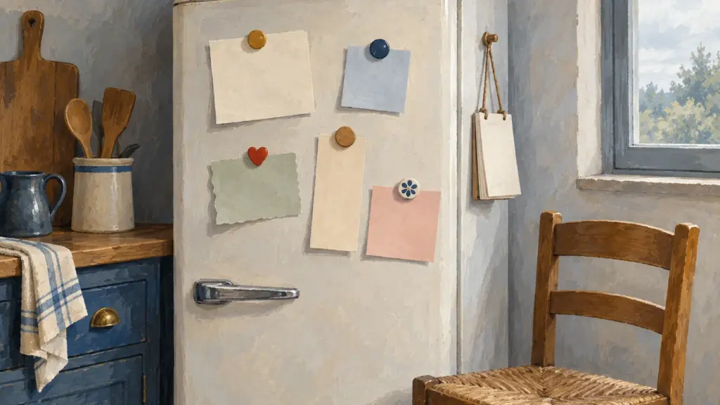 L’angolo di una cucina con un vecchio frigorifero bianco coperto di biglietti di misure e colori diversi tenuti da calamite, una sedia di legno accanto e la luce grigia di una finestra.