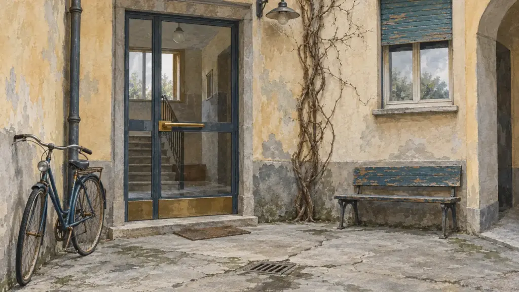Il cortile interno di un palazzo degli anni Sessanta: una porta a vetri con la maniglia d’ottone, una bicicletta appoggiata al muro, una panchina scrostata e un rampicante spoglio.