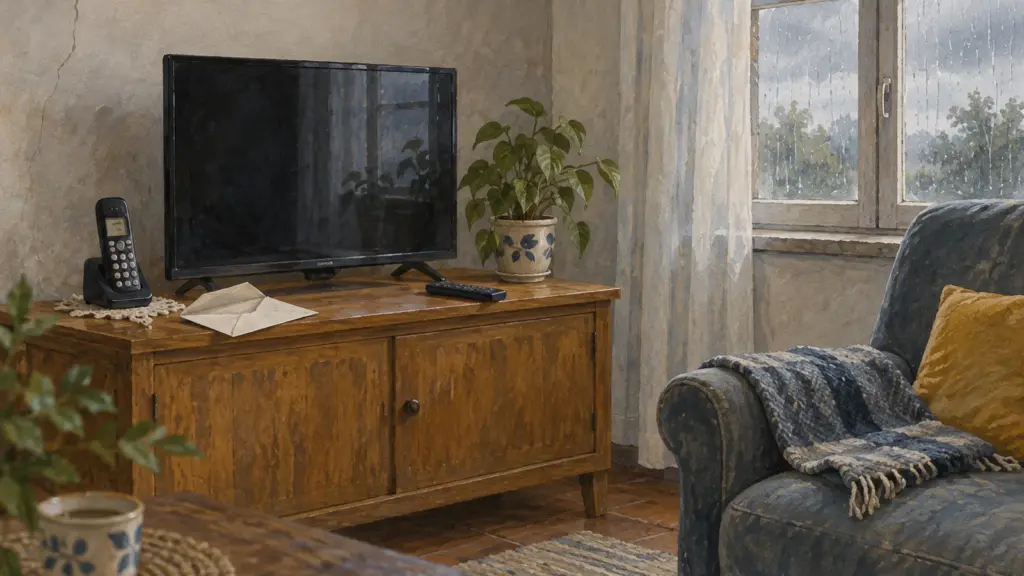 L’angolo di un soggiorno: una credenza di legno con un telefono cordless, un televisore spento, un telecomando e una busta aperta, una poltrona con una coperta e una finestra rigata di pioggia.