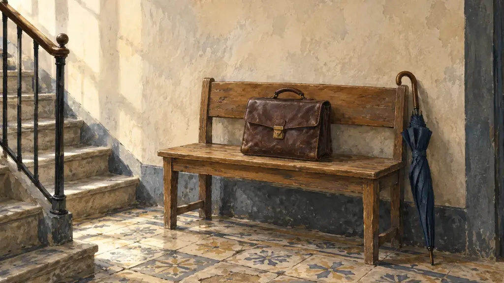 Una vecchia borsa di cuoio appoggiata su una panca di legno nell’androne di un palazzo, con un ombrello chiuso accanto e il pavimento di piastrelle consumate.